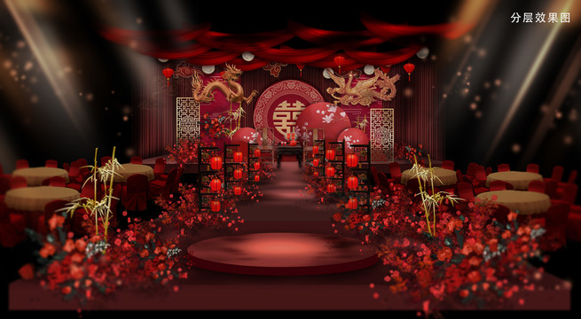 中式红金色龙凤婚礼效果图