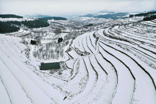 山乡梯田雪景美