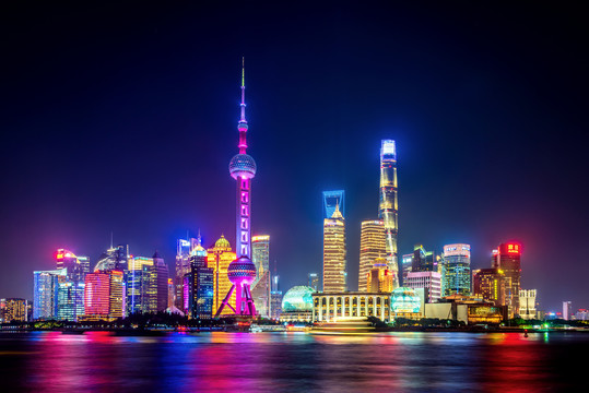 中国上海浦东建筑群夜景风光