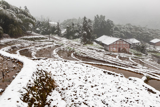 宜宾蜀南竹海梯田与民居雪景