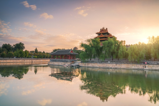 北京故宫的城墙角楼和护城河