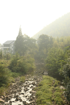 朦胧晨光中的山村小溪