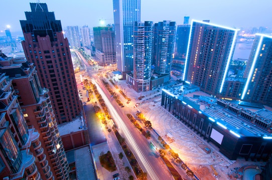 鸟瞰江西南昌红谷滩城市夜景