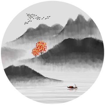 新中式水墨山水风景圆形装饰画