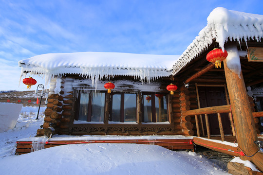 雪原雪村农家木刻楞雪景