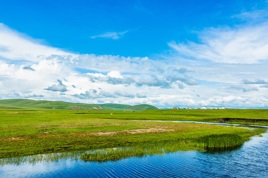 夏季草原河流蒙古包蓝天白云