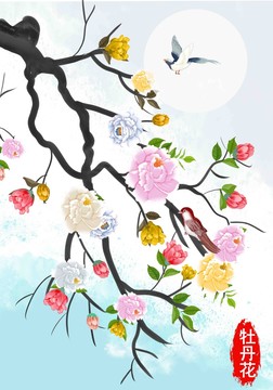 牡丹花鸟壁画