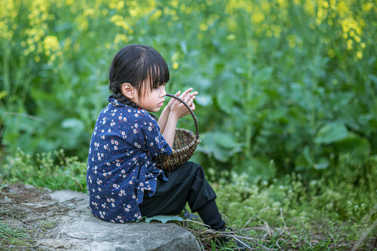 坐在油菜花田旁边的小女孩