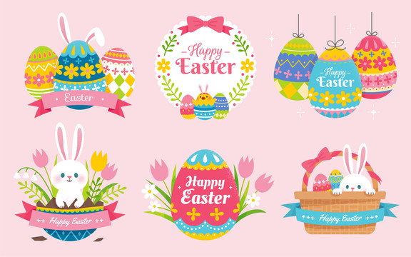 复活节可爱兔子与彩蛋贴纸设计