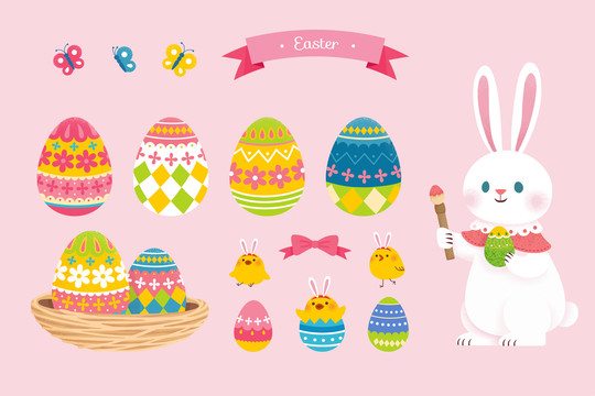 复活节可爱兔子彩绘复活蛋插图元素集合