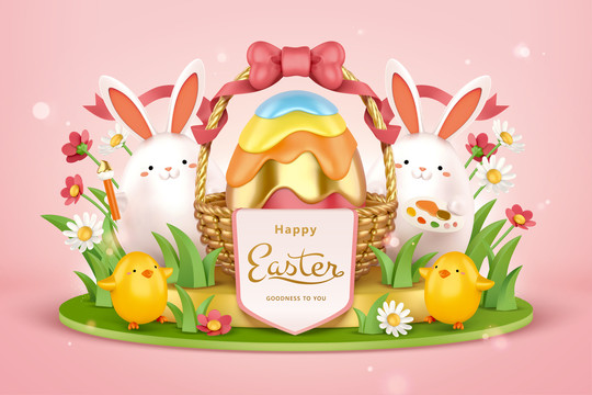 三维复活节彩蛋与兔子可爱贺图