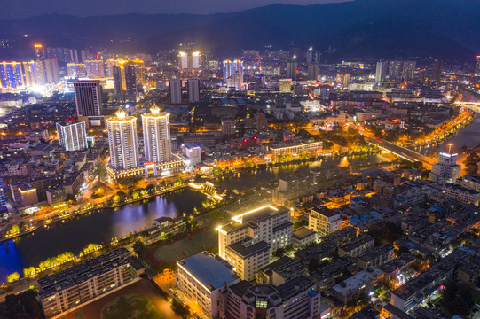 航拍云南大理市区夜景风光