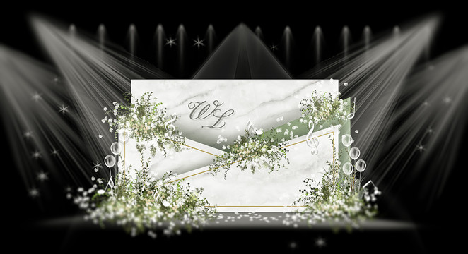 绿白色婚礼手绘迎宾区效果图