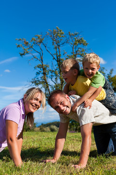 一个快乐的家庭，两个小男孩在夏天的草地上玩耍