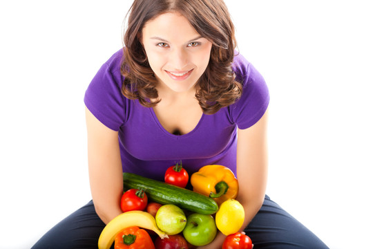 健康饮食，快乐女人与水果和蔬菜