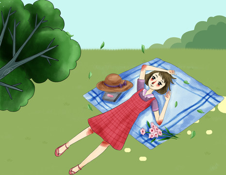 躺在草地的女孩