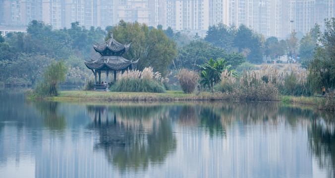 湿地公园亭台楼阁倒影