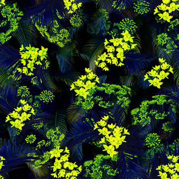 数码花型水彩兰花棕榈树叶