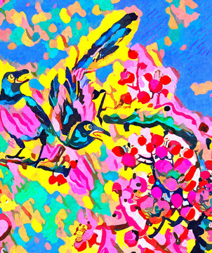 手绘抽象花鸟装饰画