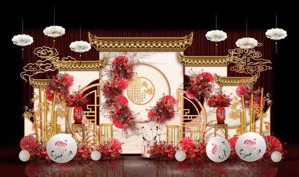 新中式迎宾区婚礼手绘效果图