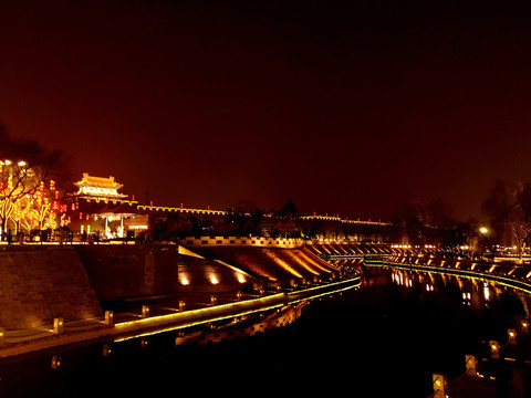 西安西门护城河夜景