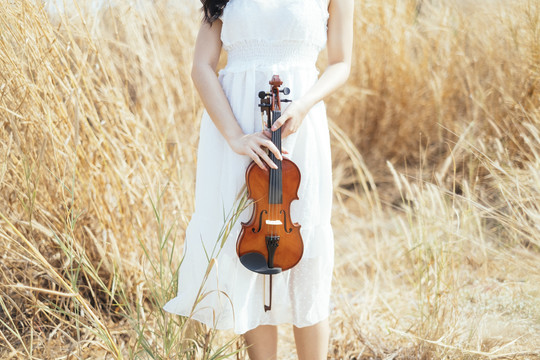 剪短的小提琴形象是站在草原上，穿着白色连衣裙的女子用手把小提琴放在腿前。