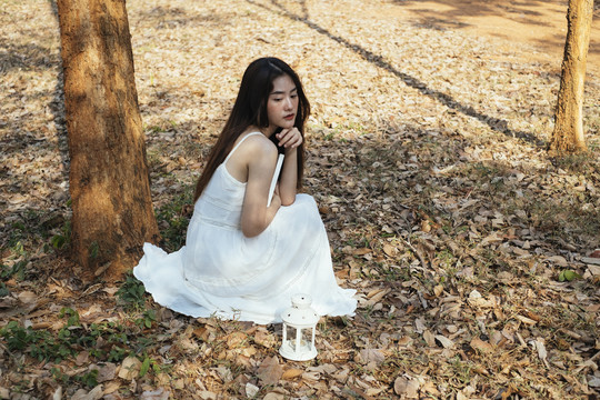 美丽的年轻女子穿着优雅的白裙坐在秋林中，旁边是复古的油灯。