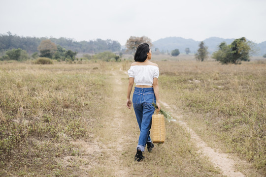 背景——来自首都的孤独女孩提着装满午餐的篮子走向田野。