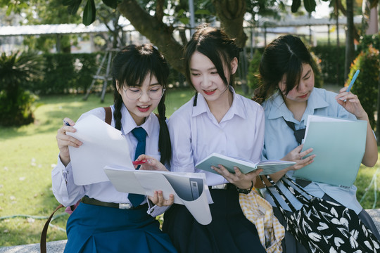 三个穿着不同制服的漂亮亚泰学生一起在树下看书。