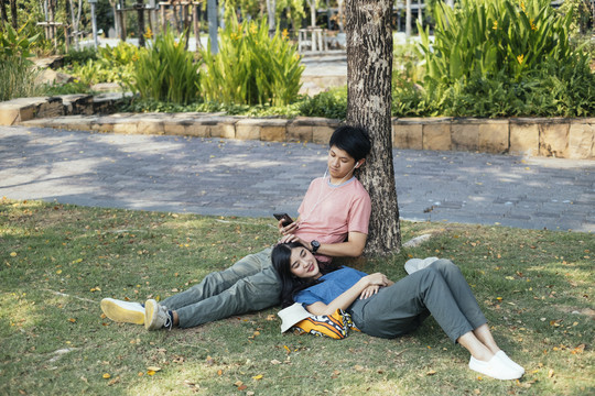 亚泰夫妇在树下休息，用耳机听音乐，在公园野餐。