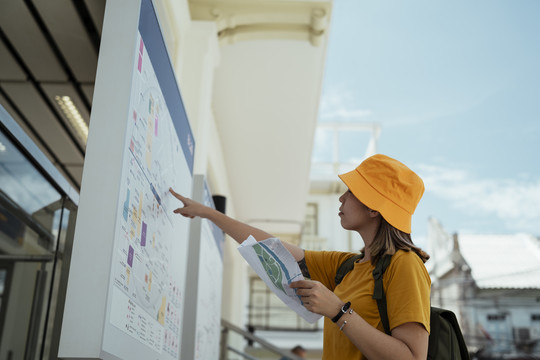 背包客女孩把手里的地图和城市大板上的地图比较一下。