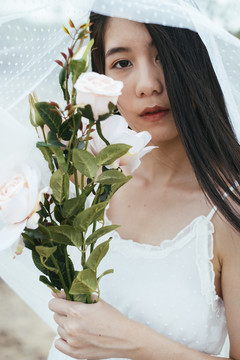 特写-年轻的亚洲长黑发女子新娘与白色面纱举行室外白玫瑰花肖像。
