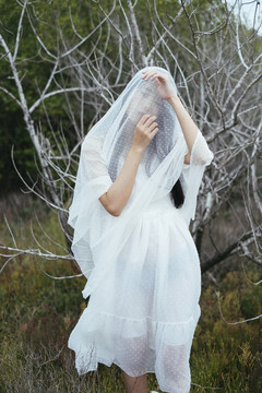 年轻的亚洲长发黑发女子新娘的肖像站在干枯的树前，用白色面纱遮住身体。