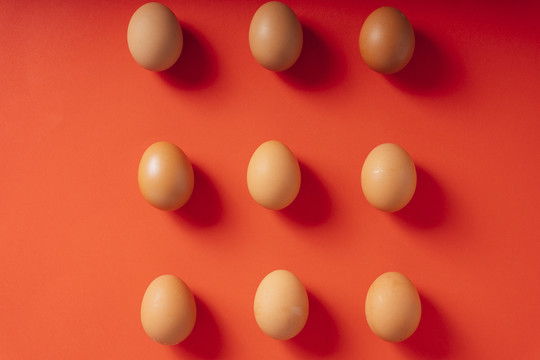 在红色背景上分离的一组棕色鸡蛋。背景。