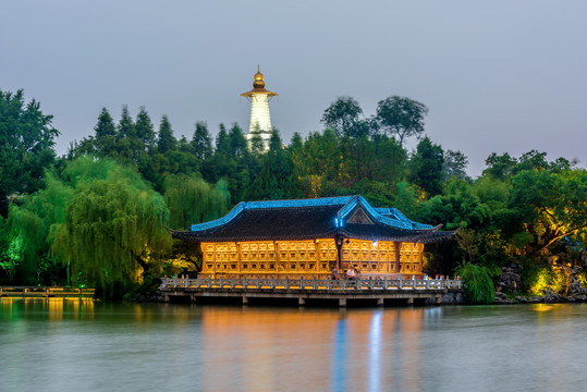 中国江苏扬州瘦西湖凫庄白塔夜景