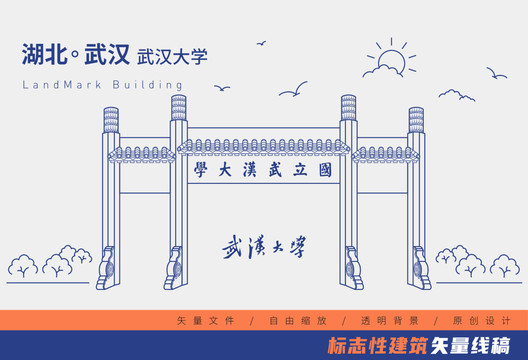 武汉大学牌坊矢量线稿