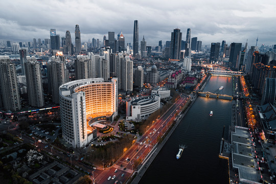 航拍天津城市建筑海河夜景