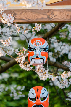中国传统戏剧面具挂饰和樱花背景