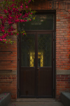 清晨桃花开在老建筑门口