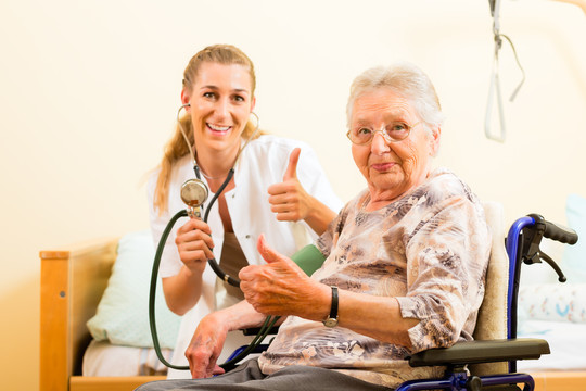 年轻护士和女老年人在养老院，要测量血压