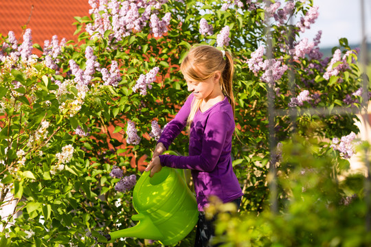 快乐的孩子在家门口的花园里浇花