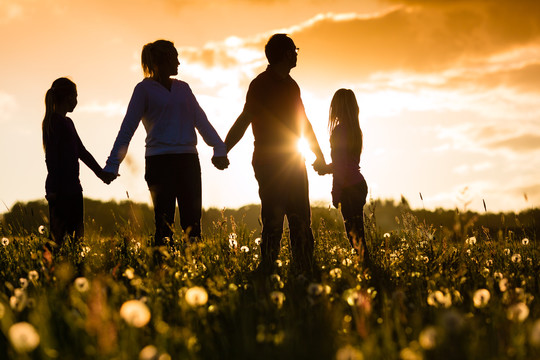 日落时分，幸福的家庭和女儿们站在夏日的草地上