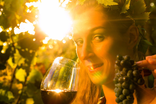 在葡萄园里品尝红酒的女人
