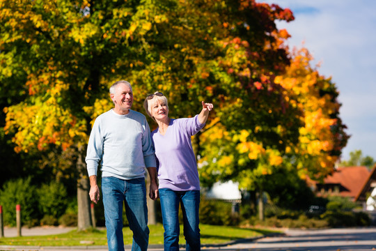 男人和女人，老年夫妇，秋天或秋天在户外散步，树上露出五颜六色的叶子
