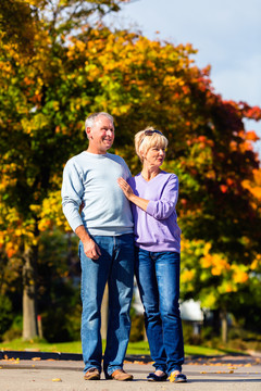 老人夫妇，男女，秋日在户外散步，树上五彩缤纷