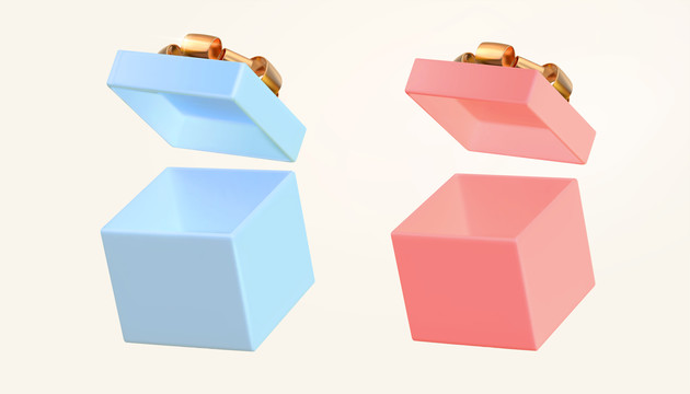 三维打开的礼物盒素材 粉色与蓝色调包装