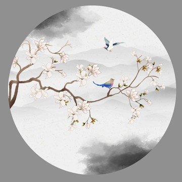 中式花鸟圆形装饰画