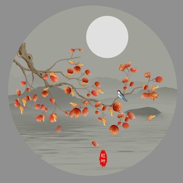 圆形红叶花鸟图