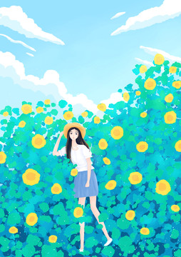 夏天向日葵花丛中的女孩风景插画