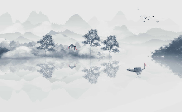 手绘中国风意境山水风景画